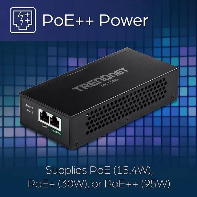 Alt view image 2 of 14 - TRENDnet Gigabit PoE++ Injector, Convert A Non-PoE Port To A PoE++ Gigabit Port, PoE (15.4W), PoE+ (30W), Or PoE++ (95W), Up to 100m (328 ft), Integrated Power Supply, Black, TPE-119GI