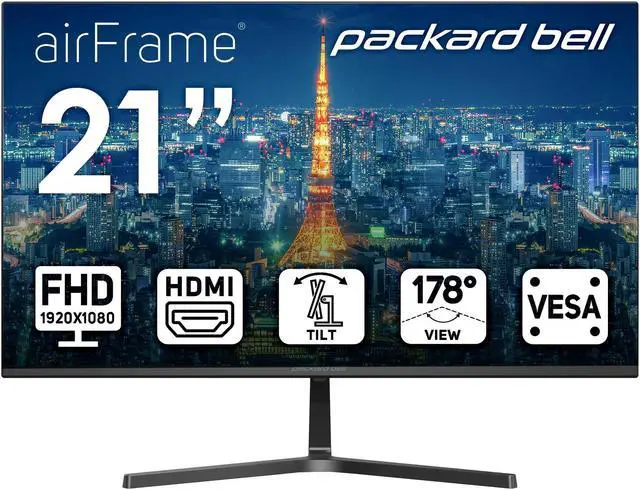 Main image of Packard Bell airFrame 21" FHD Monitor, 1920x1080, Ultrawide, VESA Mount Compatible, Tilt Adjustment, HDMI/VGA, Slim Bezel, for Home, Office, and Light Gaming