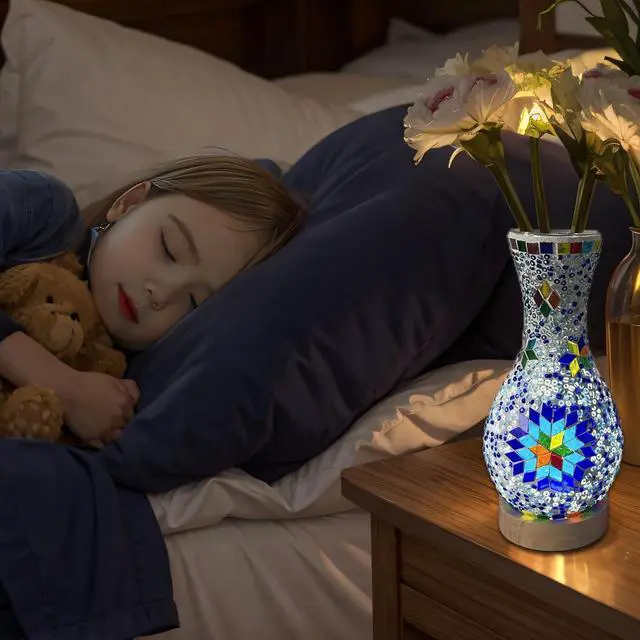 Alt view image 4 of 7 - WELLHOME Mosaic Vase Floor Lamp Colorful Handmade Glass with Wood Base USB Powered for Living Room or Bedroom Decor Suitable as a gift