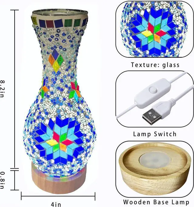 Alt view image 2 of 7 - WELLHOME Mosaic Vase Floor Lamp Colorful Handmade Glass with Wood Base USB Powered for Living Room or Bedroom Decor Suitable as a gift