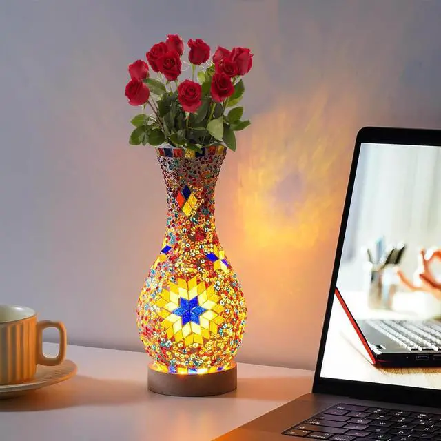 Alt view image 7 of 7 - WELLHOME Mosaic Vase Floor Lamp Colorful Handmade Glass with Wood Base USB Powered for Living Room or Bedroom Decor Suitable as a gift