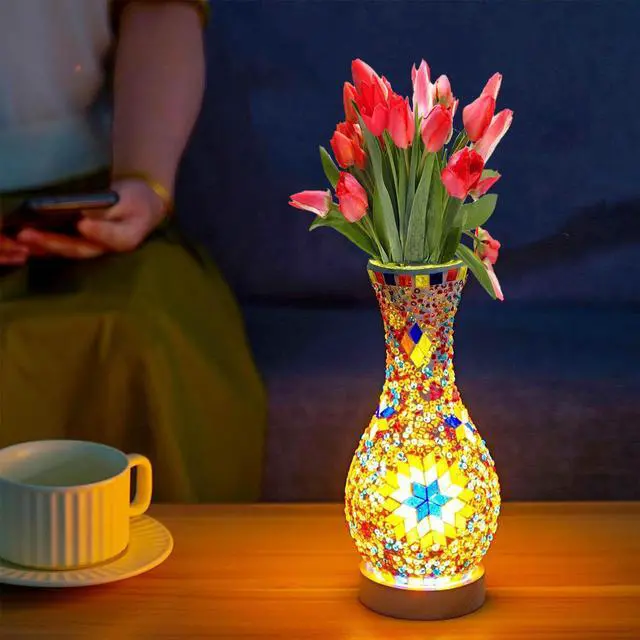 Alt view image 6 of 7 - WELLHOME Mosaic Vase Floor Lamp Colorful Handmade Glass with Wood Base USB Powered for Living Room or Bedroom Decor Suitable as a gift