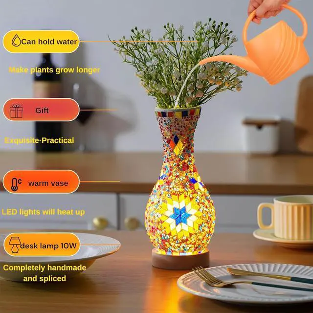 Alt view image 5 of 7 - WELLHOME Mosaic Vase Floor Lamp Colorful Handmade Glass with Wood Base USB Powered for Living Room or Bedroom Decor Suitable as a gift