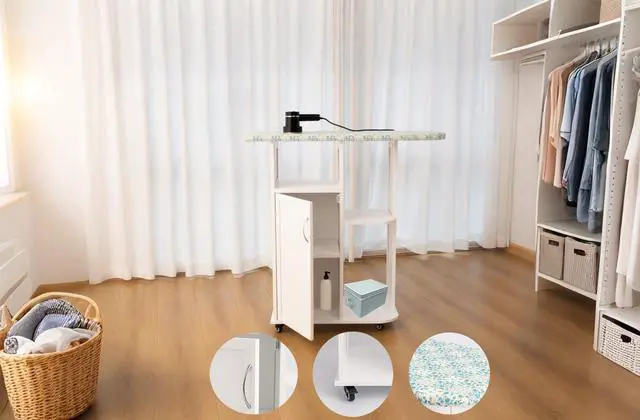 Main image of WELLHOME Rolling Ironing Board with Storage Cabinet, Wooden Ironing Cabinet with Wheels, Ironing Board with Storage Shelves, Ironing Station with Iron Rack