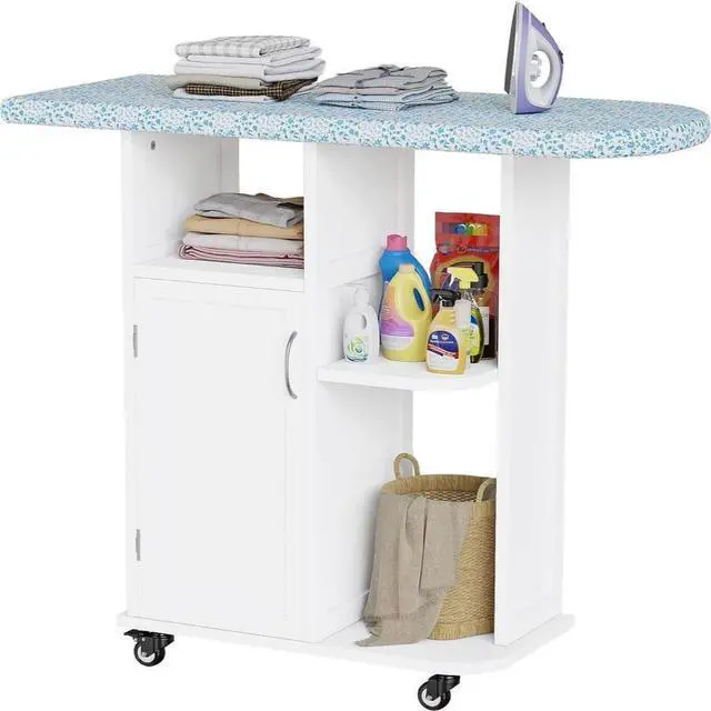 Alt view image 3 of 7 - WELLHOME Rolling Ironing Board with Storage Cabinet, Wooden Ironing Cabinet with Wheels, Ironing Board with Storage Shelves, Ironing Station with Iron Rack