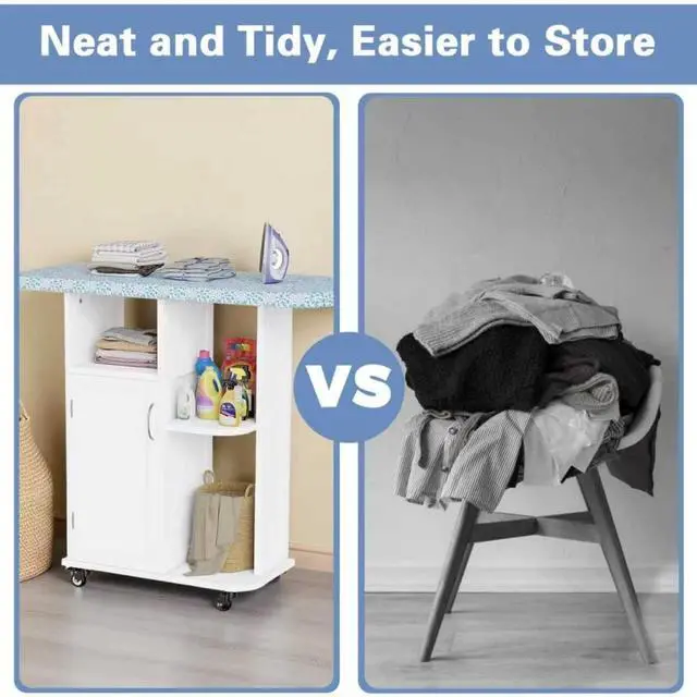 Alt view image 2 of 7 - WELLHOME Rolling Ironing Board with Storage Cabinet, Wooden Ironing Cabinet with Wheels, Ironing Board with Storage Shelves, Ironing Station with Iron Rack