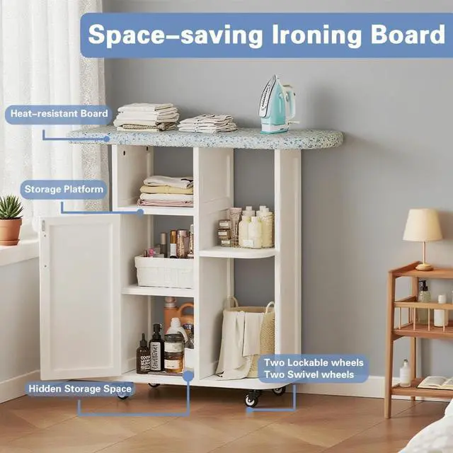 Alt view image 7 of 7 - WELLHOME Rolling Ironing Board with Storage Cabinet, Wooden Ironing Cabinet with Wheels, Ironing Board with Storage Shelves, Ironing Station with Iron Rack