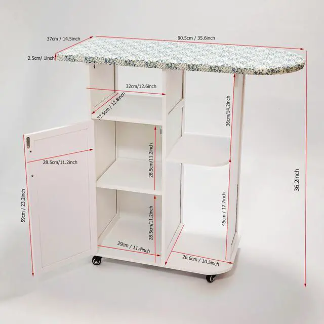 Alt view image 5 of 7 - WELLHOME Rolling Ironing Board with Storage Cabinet, Wooden Ironing Cabinet with Wheels, Ironing Board with Storage Shelves, Ironing Station with Iron Rack