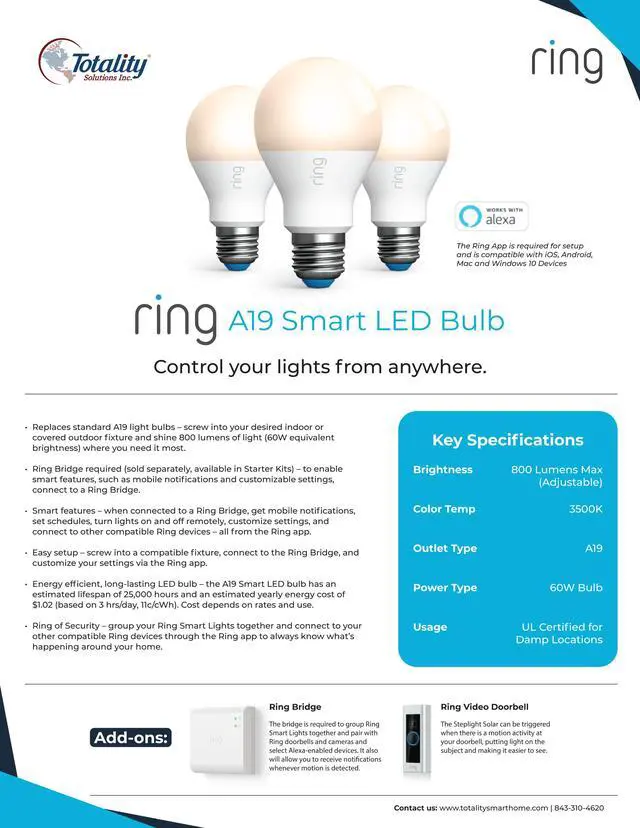 Alt view image 5 of 11 - Ring RINGSMRTBULB A19 LED Smart Bulb - White