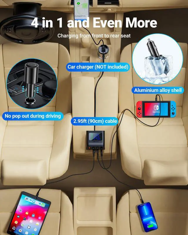 Alt view image 5 of 7 - Car Charger ACEFAST 4 USB Ports Digital Display Fast Car Adapter for iPhone, iPad, Galaxy, Pixel, Motorola, LG, Nexus, HTC and More