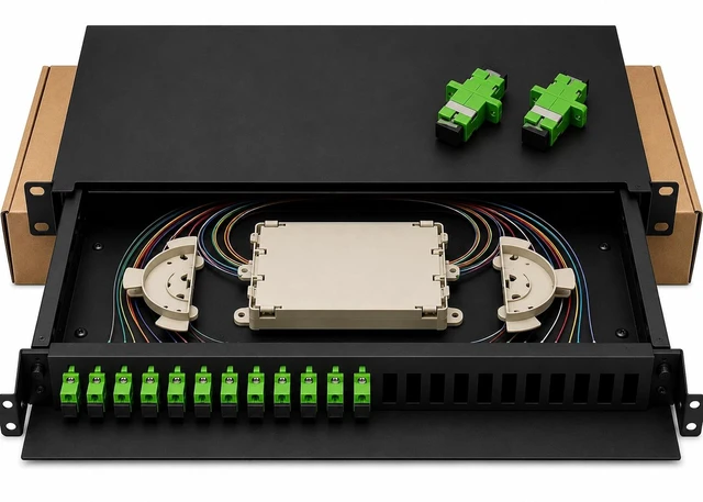 Main image of 12 Port SC/APC Fiber Optic Patch Panel with Splice Tray and 12 Green Adapters, 1U 19 inch Rack Mount