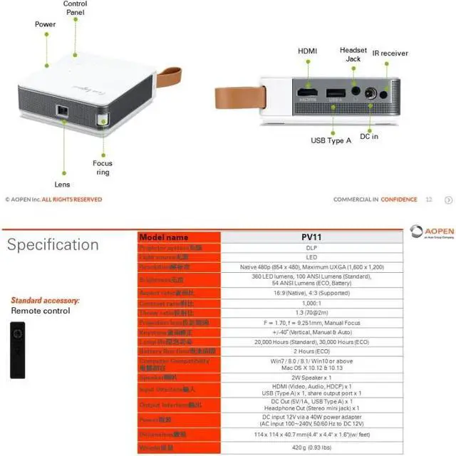 Alt view image 5 of 6 - Acer x Aopen PV11 ,AOPEN Flip Micro Projector PV11 Home Projector, Built-in 5200mAh Battery, LED Super Long-lasting Light Source
