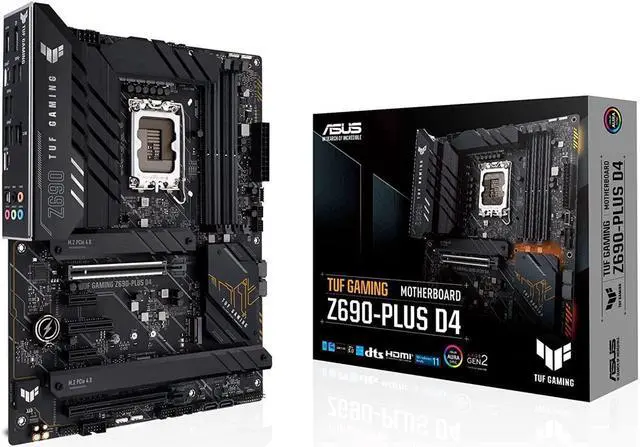 Main image of ASUS TUF Gaming Z690-PLUS D4 LGA 1700 ATX Motherboard, 15 DrMOS, PCIe 5.0, DDR4 RAM, Four M.2 Slots, 2.5 Gb Ethernet, Front USB 3.2 Gen 2 Type-C, Thunderbolt 4 Support and RGB Lighting