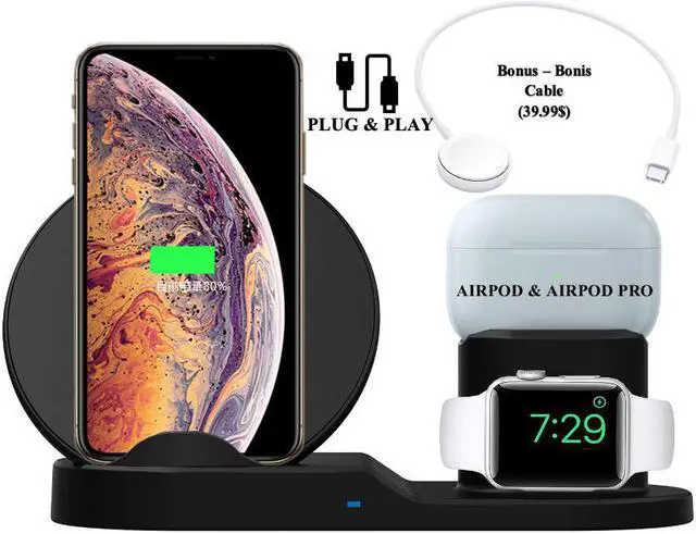 Main image of Stimula Lifestyle 3 in 1 Wireless Smartphone, Ultra Fast Compatible with Apple Watch Airpods & Airpods Pro, iPhone 11 12 13 Samsung Charger Stand 10W - Black