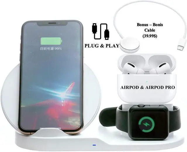 Main image of Stimula Lifestyle 3 in 1 Wireless Smartphone, Ultra Fast Compatible with Apple Watch Airpods & Airpods Pro, iPhone 11 12 13 Samsung Charger Stand 10W - Black White