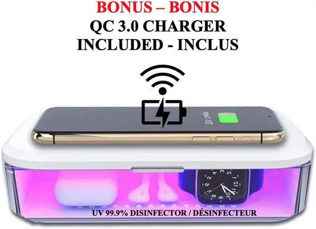 Main image of Stimula Lifestyle Disinfector 99.9% UV Sanitizer Wireless Charger Aromatherapy, Watch, Compatible with AirPods, Iphone, Samsung, Mask Box
