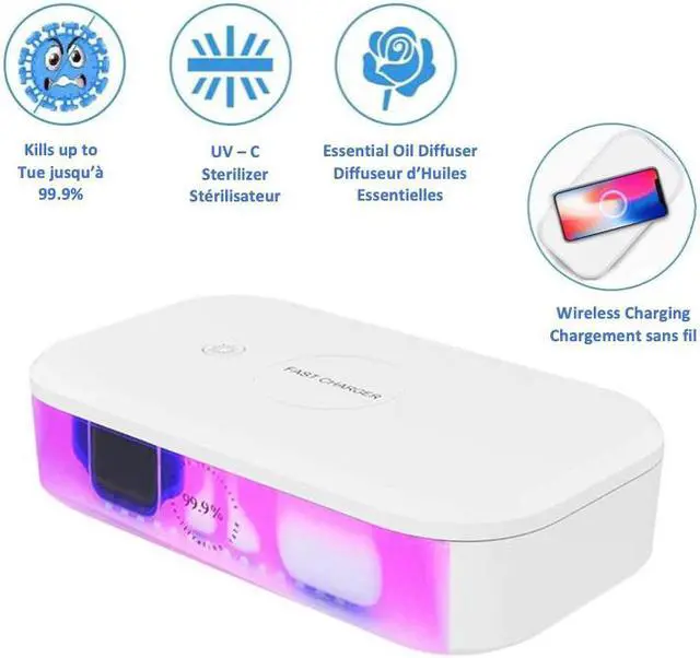 Alt view image 2 of 7 - Stimula Lifestyle Disinfector 99.9% UV Sanitizer Wireless Charger Aromatherapy, Watch, Compatible with AirPods, Iphone, Samsung, Mask Box