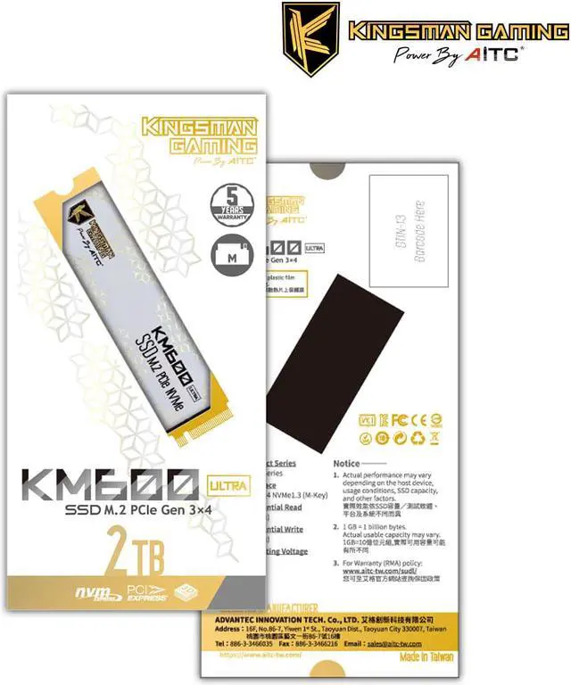 Alt view image 5 of 5 - AITC KINGSMAN KM600 ULTRA M.2 2280 2TB PCIe 3.0 x4 with NVMe 1.4 3D NAND Internal Solid State Drive (SSD)