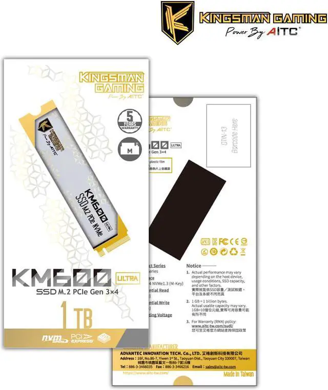 Alt view image 5 of 5 - AITC KINGSMAN KM600 ULTRA M.2 2280 1TB PCIe 3.0 x4 with NVMe 1.4 3D NAND Internal Solid State Drive (SSD)