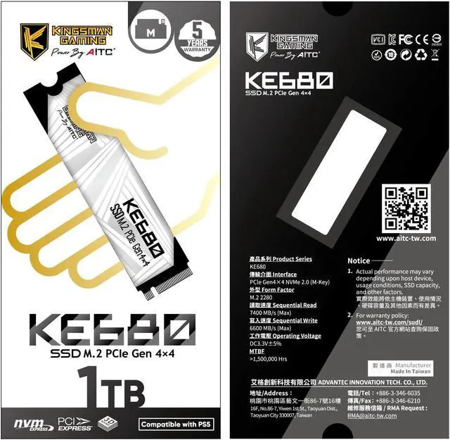 Alt view image 6 of 6 - KINGSMAN KE680 M.2 2280 NVMe PCIe Gen4 x4 1TB Internal Solid-State Drive (SSD) / Works with PC and PS5 / R/W Up to 7,400/6,600 MB/s