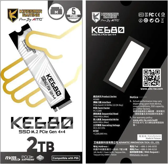 Alt view image 6 of 6 - KINGSMAN KE680 M.2 2280 NVMe PCIe Gen4x 4 2TB Internal Solid-State Drive (SSD) / Works with PC and PS5 / R/W Up to 7,400/6,600 MB/s