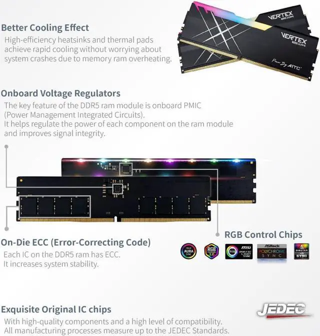 Alt view image 4 of 5 - AITC KINGSMAN VERTEX RGB Series DDR5 32GB (2 x 16GB) 288-Pin PC RAM 6000 (PC5 48000) Desktop Memory Model XMP-BLACK