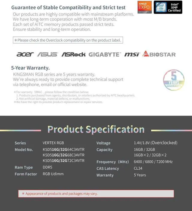 Alt view image 5 of 5 - AITC KINGSMAN VERTEX RGB Series DDR5 32GB (2 x 16GB) 288-Pin PC RAM 6000 (PC5 48000) Desktop Memory Model XMP-BLACK