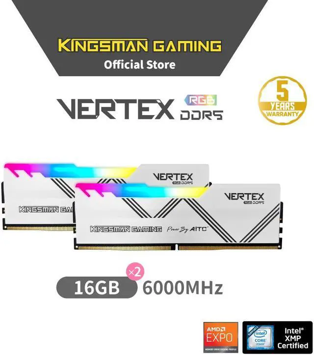 Alt view image 2 of 6 - AITC KINGSMAN VERTEX RGB Series DDR5 32GB (2 x 16GB) 288-Pin PC RAM 6000 (PC5 48000) Desktop Memory Model XMP-WHITE