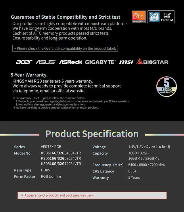 Alt view image 5 of 6 - AITC KINGSMAN VERTEX RGB Series DDR5 32GB (2 x 16GB) 288-Pin PC RAM 6000 (PC5 48000) Desktop Memory Model XMP-WHITE