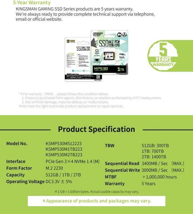 Alt view image 6 of 7 - AITC KINGSMAN MP530 M.2 2230 1TB PCIe 3.0 x4 with NVMe, STEAM Deck Compatible, Internal Solid State Drive (SSD)