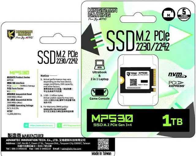 Alt view image 7 of 7 - AITC KINGSMAN MP530 M.2 2230 1TB PCIe 3.0 x4 with NVMe, STEAM Deck Compatible, Internal Solid State Drive (SSD)