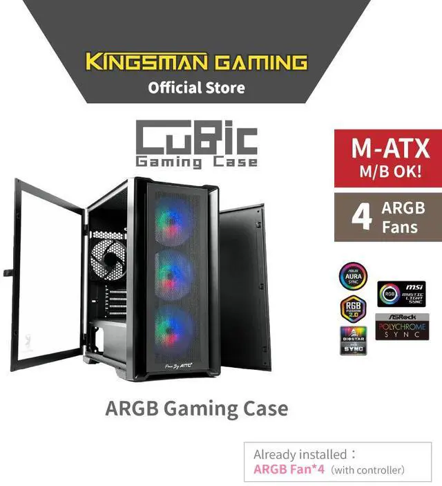 Alt view image 2 of 7 - KINGSMAN CuBic ARGB MICRO-ATX Tower with Four ARGB Fans Pre Installed, Ultra-Minimalist Design, Fine Mesh Front Panel, High Airflow, Unique Side Swivel Tempered Glass, Dust Protection, BLACK
