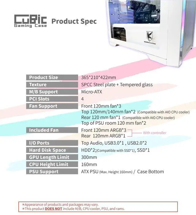 Alt view image 7 of 7 - KINGSMAN CuBic ARGB MICRO-ATX Tower with Four ARGB Fans Pre Installed, Ultra-Minimalist Design, Fine Mesh Front Panel, High Airflow, Unique Side Swivel Tempered Glass, Dust Protection, WHITE