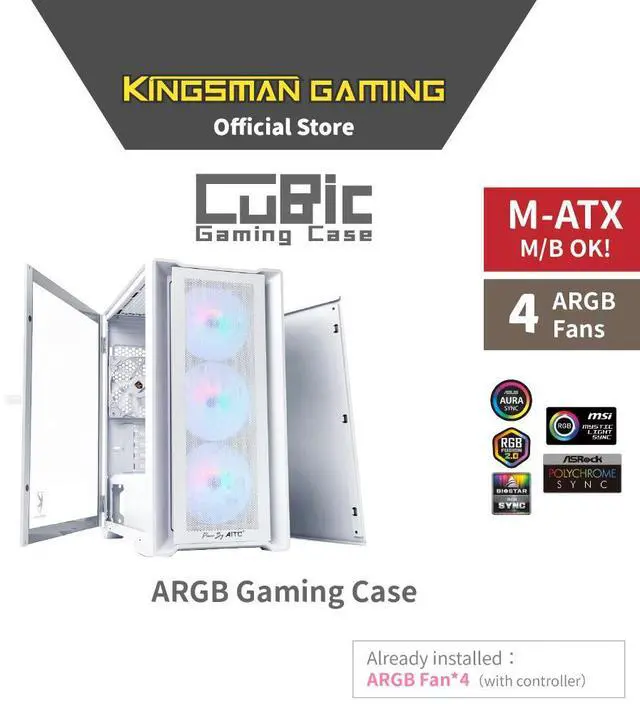 Alt view image 2 of 7 - KINGSMAN CuBic ARGB MICRO-ATX Tower with Four ARGB Fans Pre Installed, Ultra-Minimalist Design, Fine Mesh Front Panel, High Airflow, Unique Side Swivel Tempered Glass, Dust Protection, WHITE