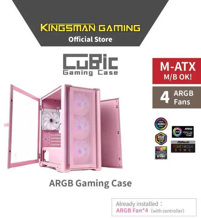 Alt view image 2 of 7 - KINGSMAN KINGSMAN CuBic ARGB MICRO-ATX Tower with Four ARGB Fans Pre Installed, Ultra-Minimalist Design, Fine Mesh Front Panel, High Airflow, Unique Side Swivel Tempered Glass, Dust Protection, PINK
