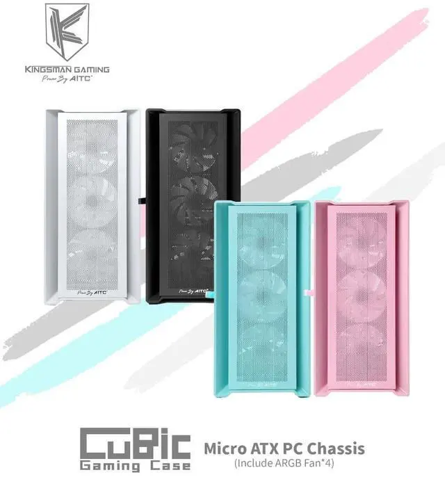 Alt view image 3 of 7 - KINGSMAN CuBic ARGB MICRO-ATX Tower with Four ARGB Fans Pre Installed, Ultra-Minimalist Design, Fine Mesh Front Panel, High Airflow, Unique Side Swivel Tempered Glass, Dust Protection, BLUE