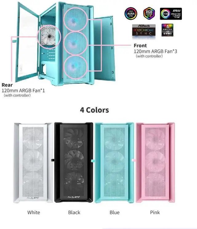 Alt view image 6 of 7 - KINGSMAN CuBic ARGB MICRO-ATX Tower with Four ARGB Fans Pre Installed, Ultra-Minimalist Design, Fine Mesh Front Panel, High Airflow, Unique Side Swivel Tempered Glass, Dust Protection, BLUE