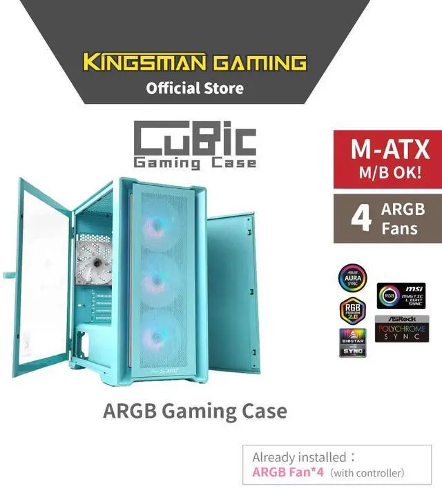 Alt view image 2 of 7 - KINGSMAN CuBic ARGB MICRO-ATX Tower with Four ARGB Fans Pre Installed, Ultra-Minimalist Design, Fine Mesh Front Panel, High Airflow, Unique Side Swivel Tempered Glass, Dust Protection, BLUE
