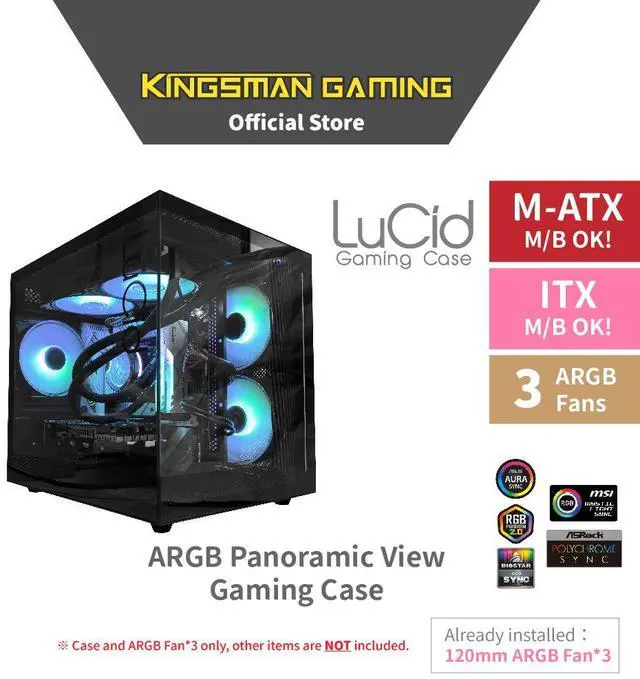 Alt view image 2 of 6 - KINGSMAN LuCid M-ATX/ITX Case Mini Tower Computer Case, 270° Full View Dual Tempered Glass Panel, 3 ARGB Fans Included - BLACK