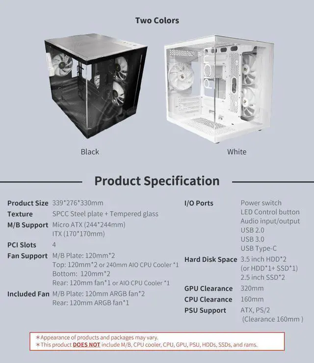 Alt view image 6 of 6 - KINGSMAN LuCid M-ATX/ITX Case Mini Tower Computer Case, 270° Full View Dual Tempered Glass Panel, 3 ARGB Fans Included - BLACK