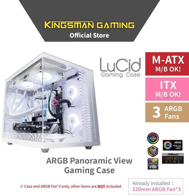 Alt view image 2 of 6 - KINGSMAN LuCid M-ATX/ITX Case Mini Tower Computer Case, 270° Full View Dual Tempered Glass Panel, 3 ARGB Fans Included - WHITE