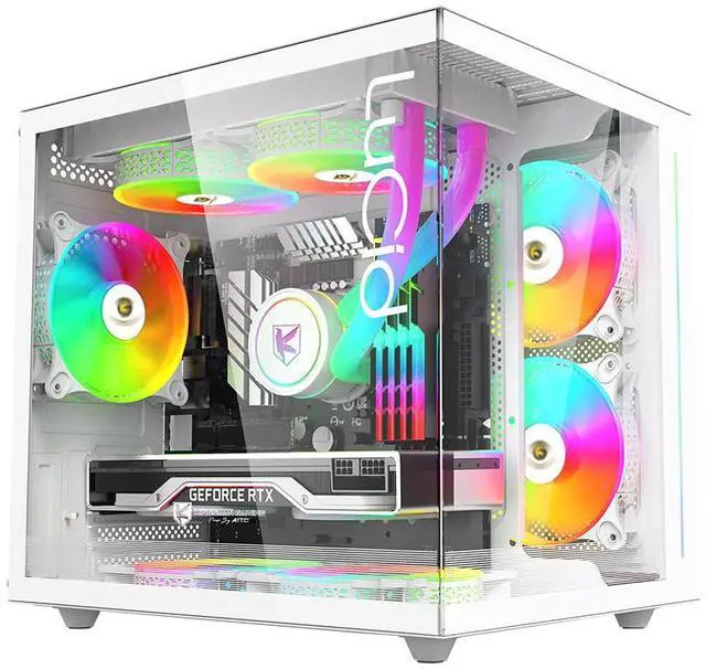 Main image of KINGSMAN LuCid M-ATX/ITX Case Mini Tower Computer Case, 270° Full View Dual Tempered Glass Panel, 3 ARGB Fans Included - WHITE