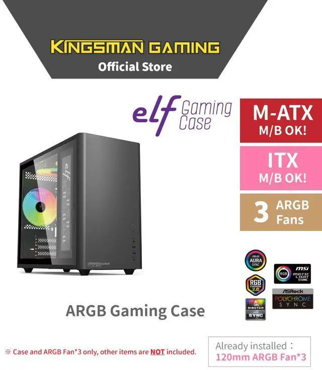 Alt view image 2 of 6 - KINGSMAN eLf Mini Tower M-ATX PC Case - Includes 3 ARGB Fans, Tempered Glass Side Panel, Compatible with Micro-ATX and Mini-ITX, Desktop Mini Case/Type-C USB3.0-BLACK