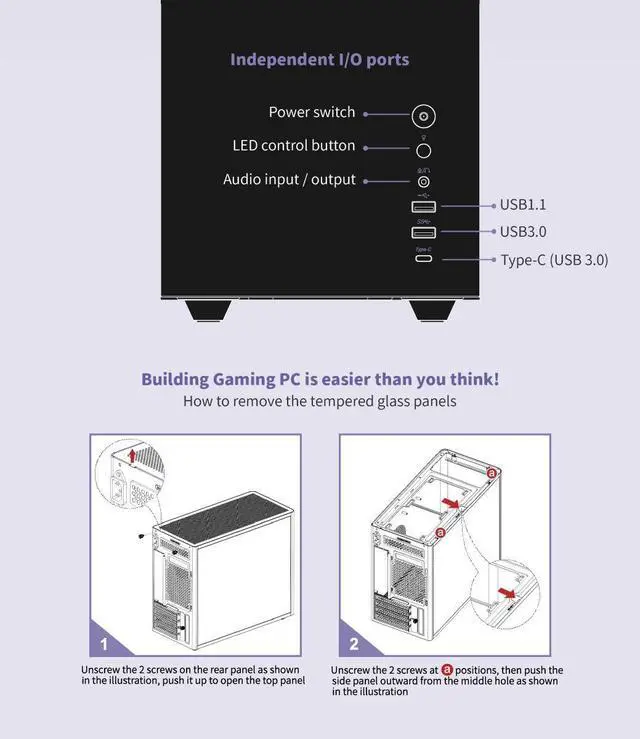 Alt view image 4 of 6 - KINGSMAN eLf Mini Tower M-ATX PC Case - Includes 3 ARGB Fans, Tempered Glass Side Panel, Compatible with Micro-ATX and Mini-ITX, Desktop Mini Case/Type-C USB3.0-BLACK