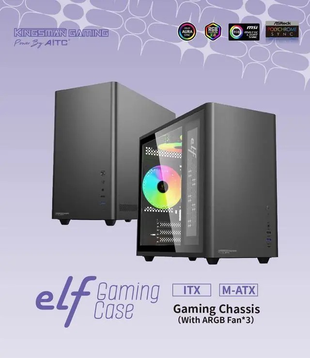 Alt view image 3 of 6 - KINGSMAN eLf Mini Tower M-ATX PC Case - Includes 3 ARGB Fans, Tempered Glass Side Panel, Compatible with Micro-ATX and Mini-ITX, Desktop Mini Case/Type-C USB3.0-BLACK