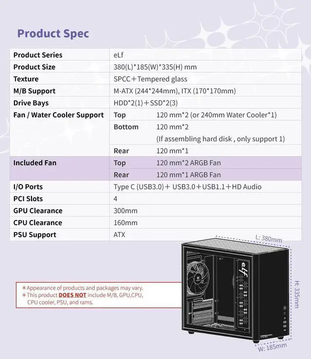 Alt view image 6 of 6 - KINGSMAN eLf Mini Tower M-ATX PC Case - Includes 3 ARGB Fans, Tempered Glass Side Panel, Compatible with Micro-ATX and Mini-ITX, Desktop Mini Case/Type-C USB3.0-BLACK