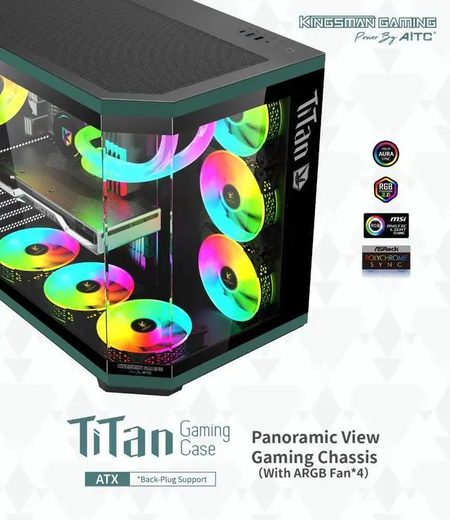 Alt view image 3 of 7 - KINGSMAN TiTan Modern Aesthetics Dual-Cavity Panoramic Tempered Glass Mid-Tower ATX Computer Gaming Case, Pre-installed 4 ARGB Fans / Type-C USB3.0-BLACK