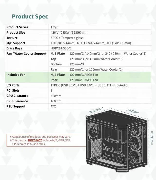 Alt view image 7 of 7 - KINGSMAN TiTan Modern Aesthetics Dual-Cavity Panoramic Tempered Glass Mid-Tower ATX Computer Gaming Case, Pre-installed 4 ARGB Fans / Type-C USB3.0-BLACK