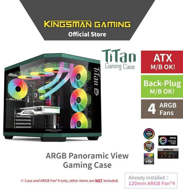 Alt view image 2 of 7 - KINGSMAN TiTan Modern Aesthetics Dual-Cavity Panoramic Tempered Glass Mid-Tower ATX Computer Gaming Case, Pre-installed 4 ARGB Fans / Type-C USB3.0-BLACK