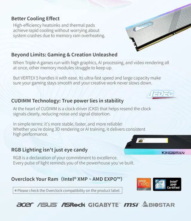 Alt view image 4 of 5 - AITC KINGSMAN VERTEX5 48GB (2 x 24GB) 288-Pin PC RAM DDR5 8400 CUDIMM (PC5 67200) RGB Desktop Computer Gaming Memory - SILVER